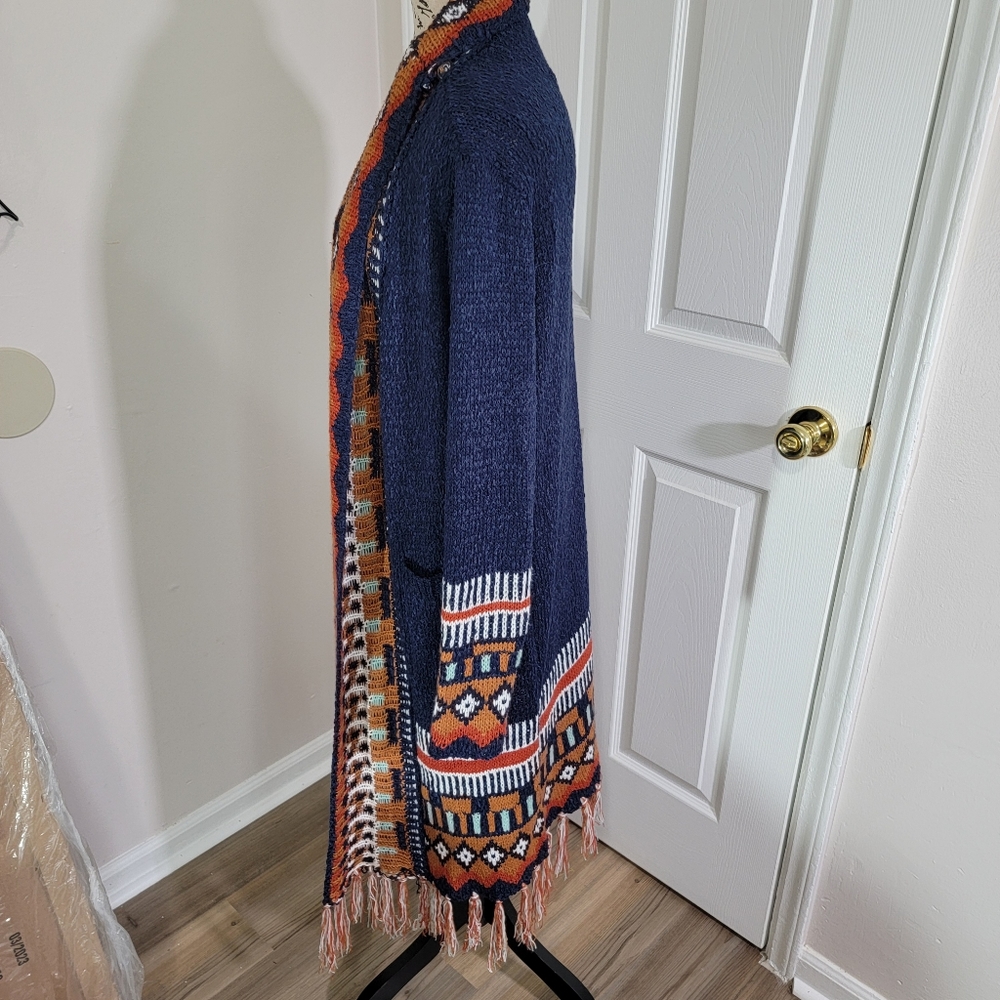 Tassel Hem Open Front Duster (Navy, Brick Red) Women's size Medium Pockets - Picture 15 of 15